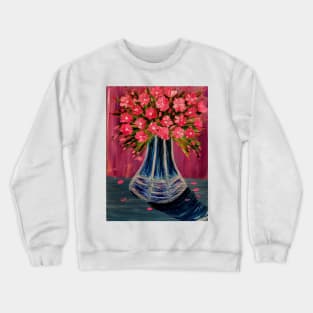 Pink and white abstract flowers in a blue glass vintage vase Crewneck Sweatshirt